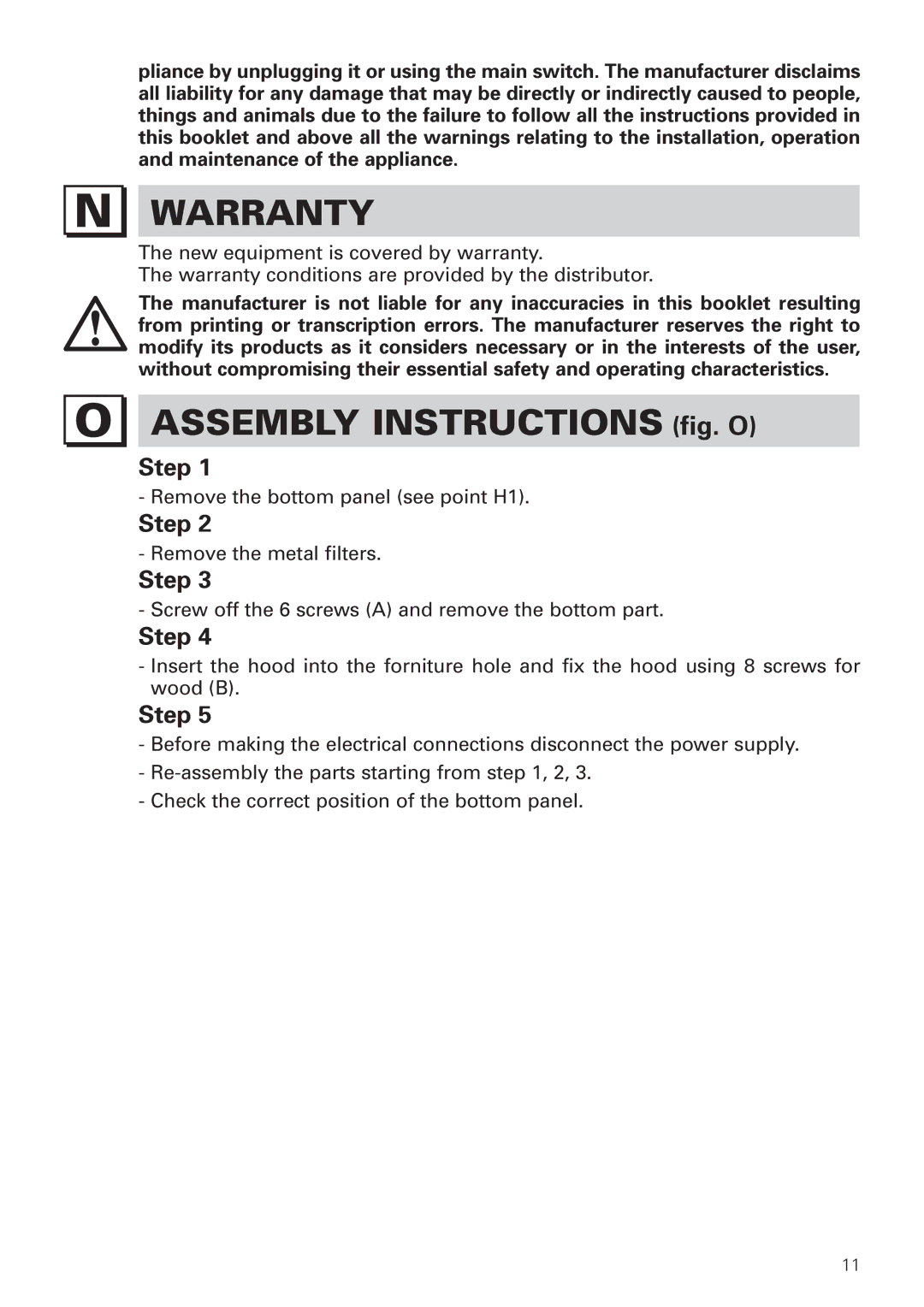 Bertazzoni KIN 36 PER X, KIN 30 PER X manual Warranty, Assembly Instructions fig. O 