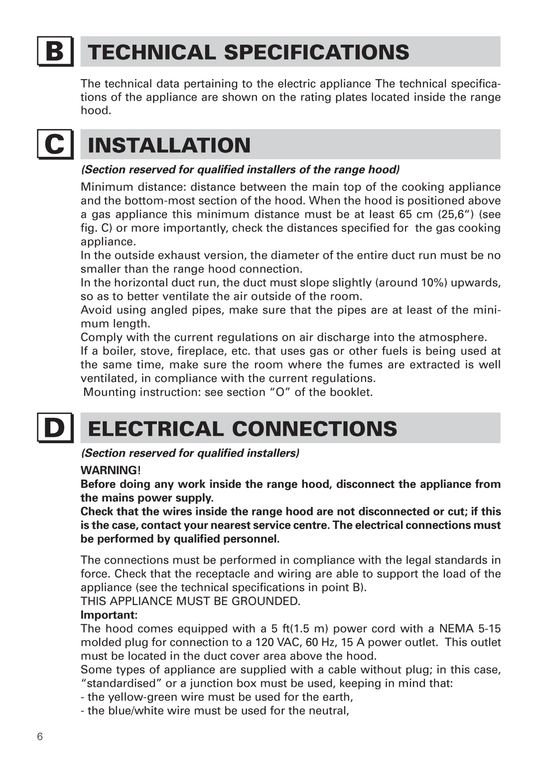 Bertazzoni KIN 30 PER X, KIN 36 PER X manual Technical Specifications, Installation, Electrical Connections 