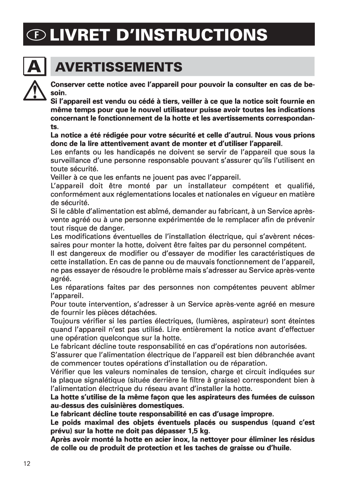 Bertazzoni KIN 30 PER X, KIN 36 PER X manual Flivret D’Instructions, Avertissements 