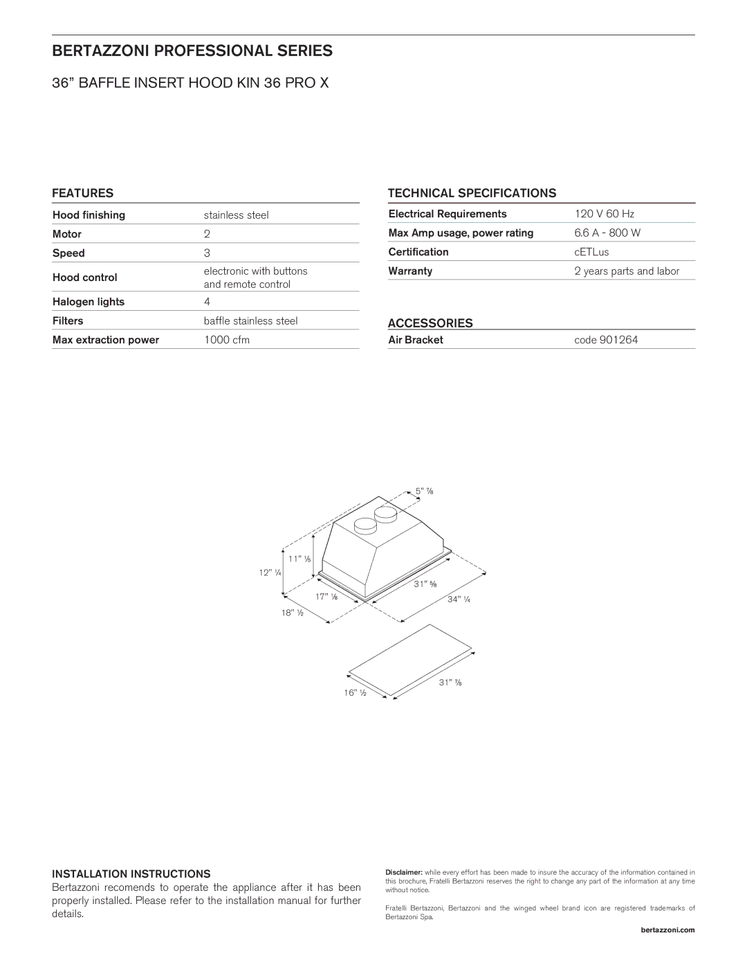 Bertazzoni KIN 36 PRO X manual Features, Accessories 