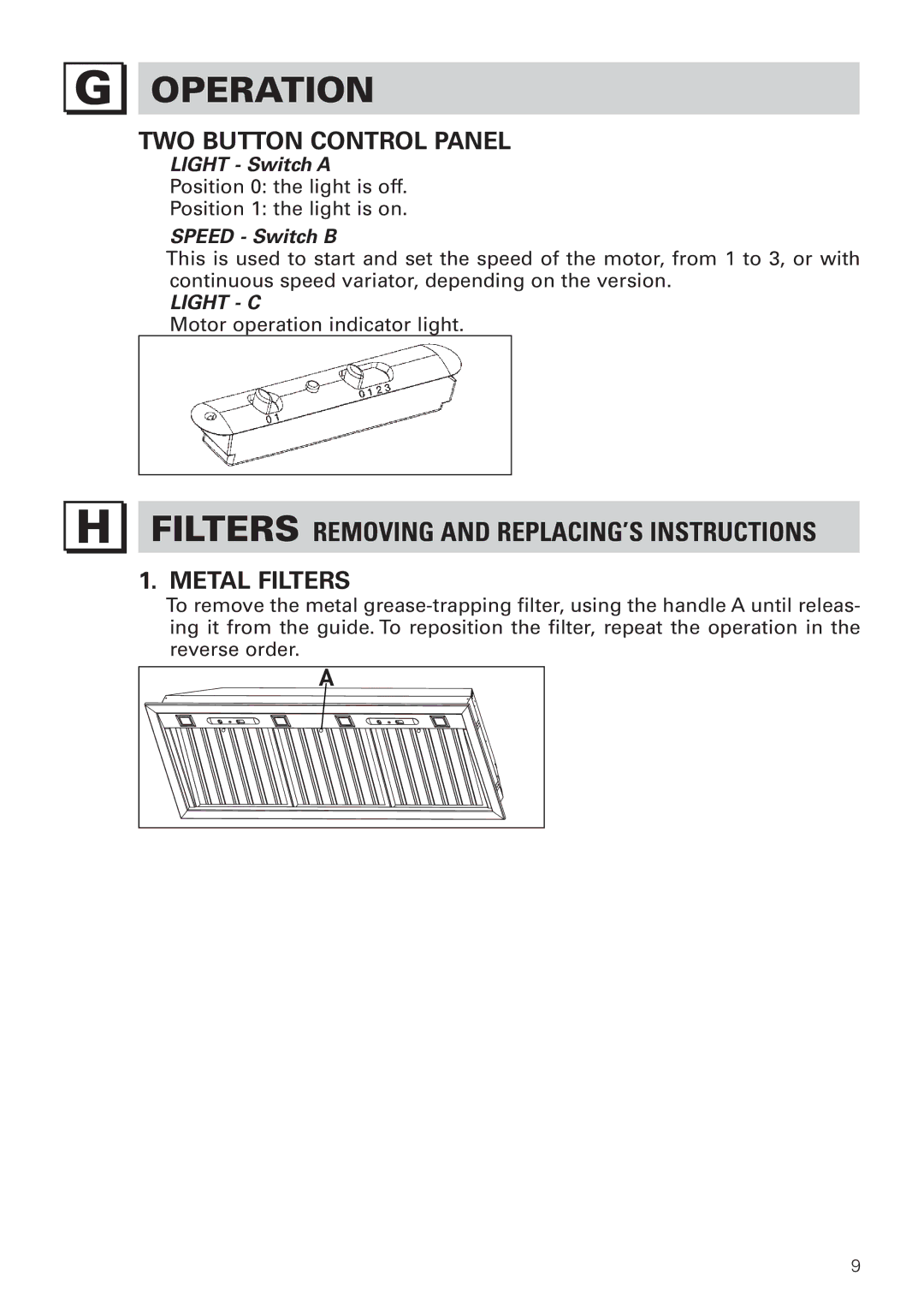 Bertazzoni KIN 36 PRO X Operation, Filters Removing and REPLACING’S Instructions, TWO Button Control Panel, Metal Filters 