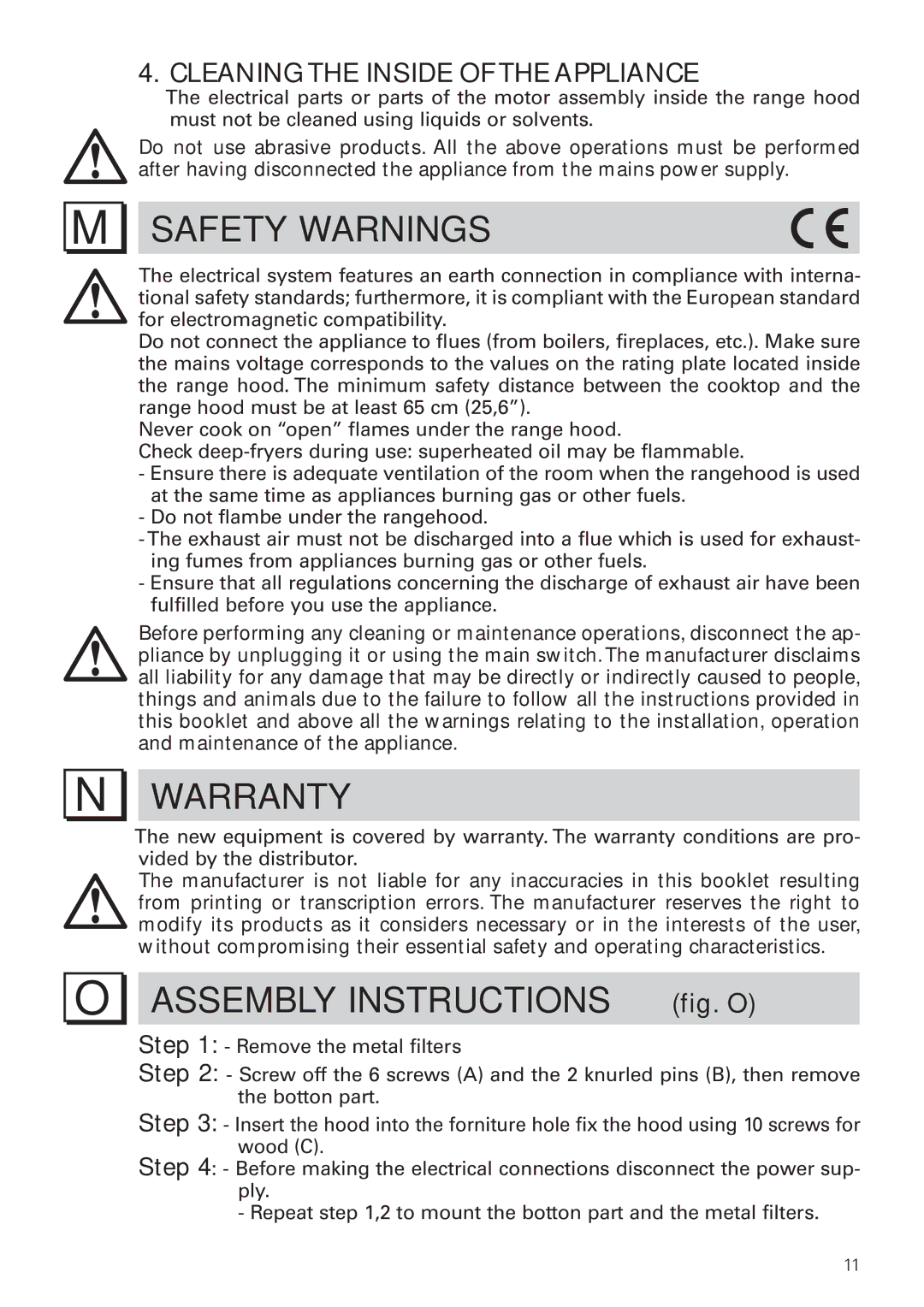 Bertazzoni KIN 36 PRO X manual Safety Warnings, Warranty, Cleaning the Inside of the Appliance 