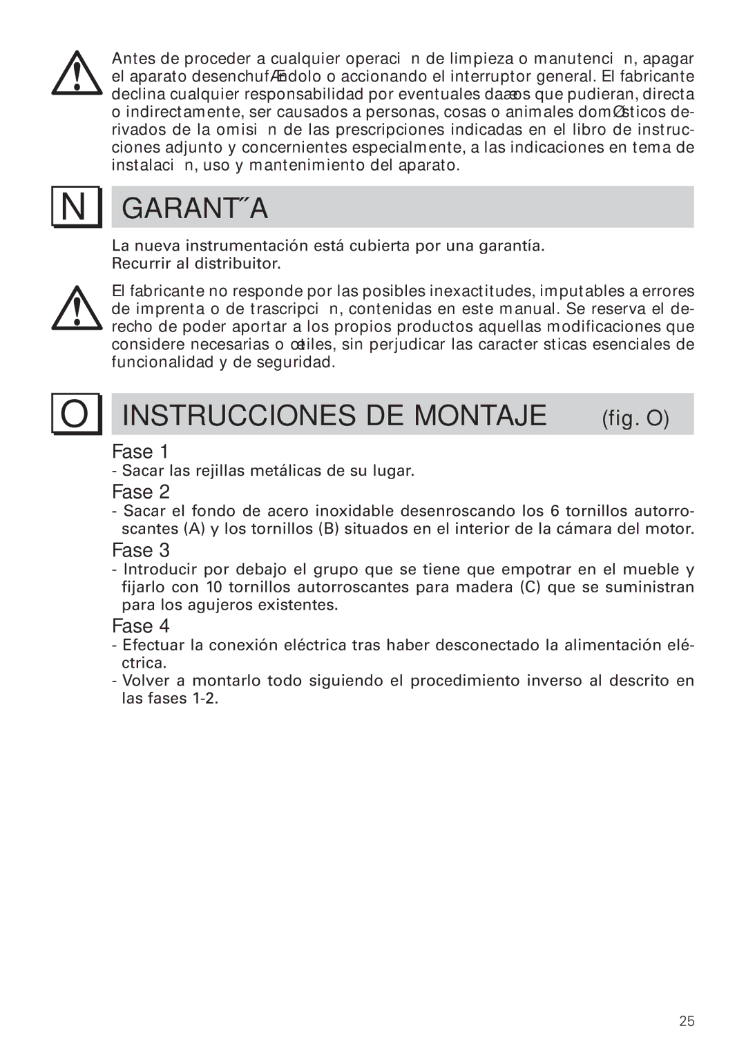 Bertazzoni KIN 36 PRO X manual Garantía, Instrucciones DE Montaje fig. O 