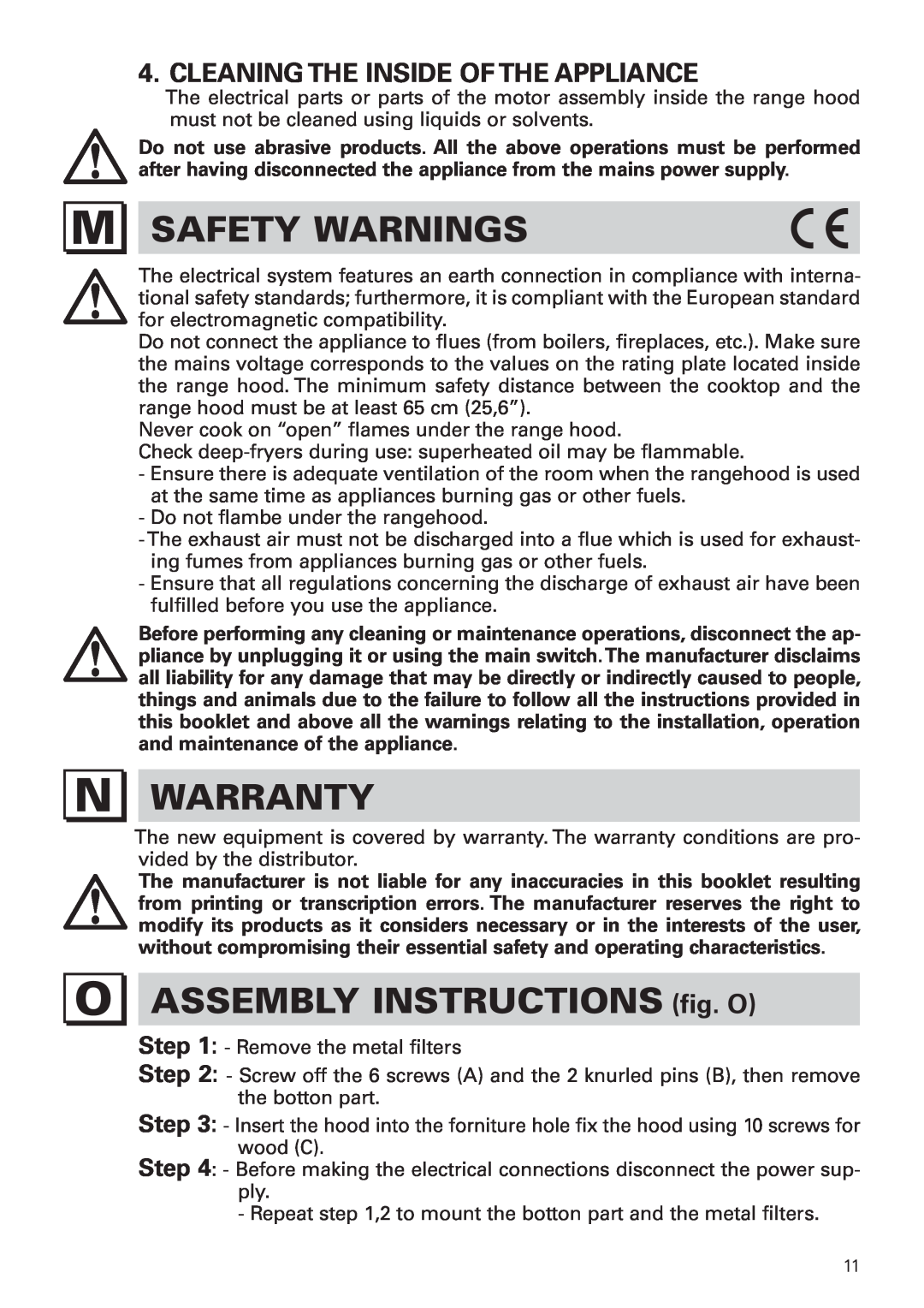 Bertazzoni KIN 36 PRO X M Safety Warnings, Warranty, ASSEMBLY INSTRUCTIONS fig. O, Cleaning The Inside Of The Appliance 