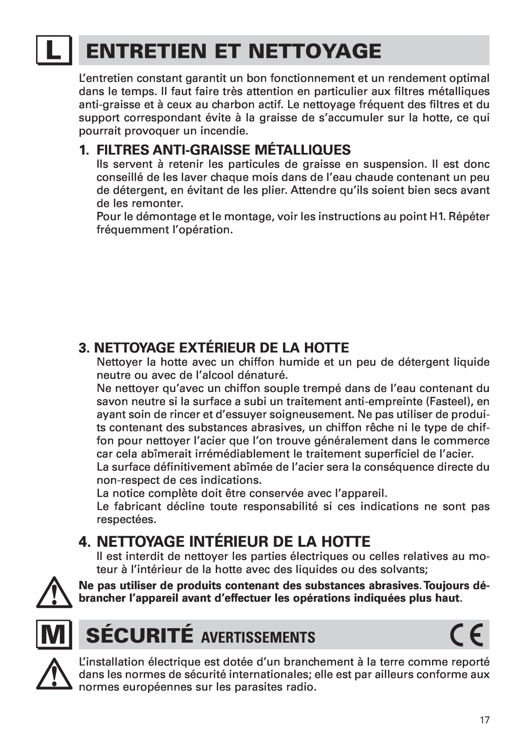 Bertazzoni KIN 36 PRO X manual Entretien Et Nettoyage, Nettoyage Intérieur De La Hotte, M Sécurité Avertissements 