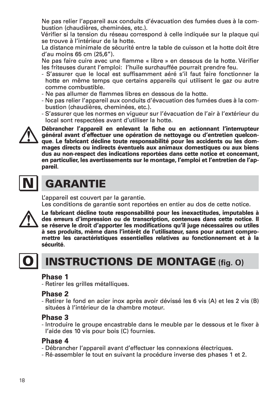 Bertazzoni KIN 36 PRO X manual Garantie, INSTRUCTIONS DE MONTAGE fig. O, Phase 