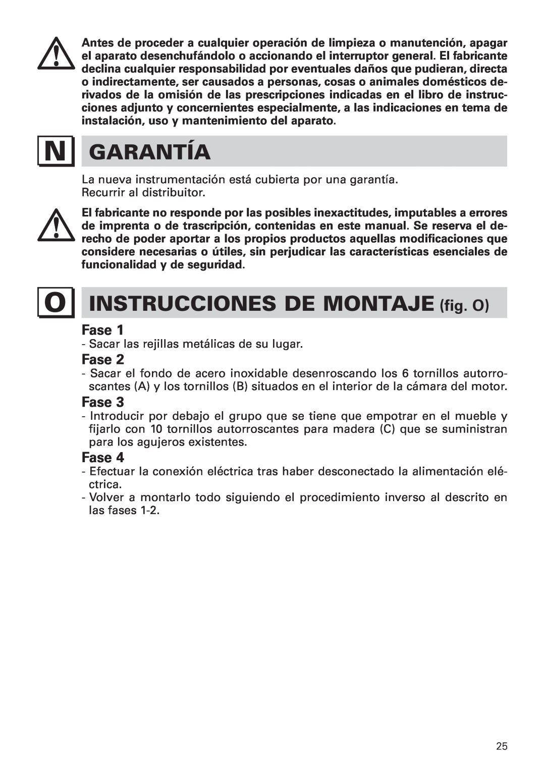 Bertazzoni KIN 36 PRO X manual Garantía, INSTRUCCIONES DE MONTAJE fig. O, Fase 