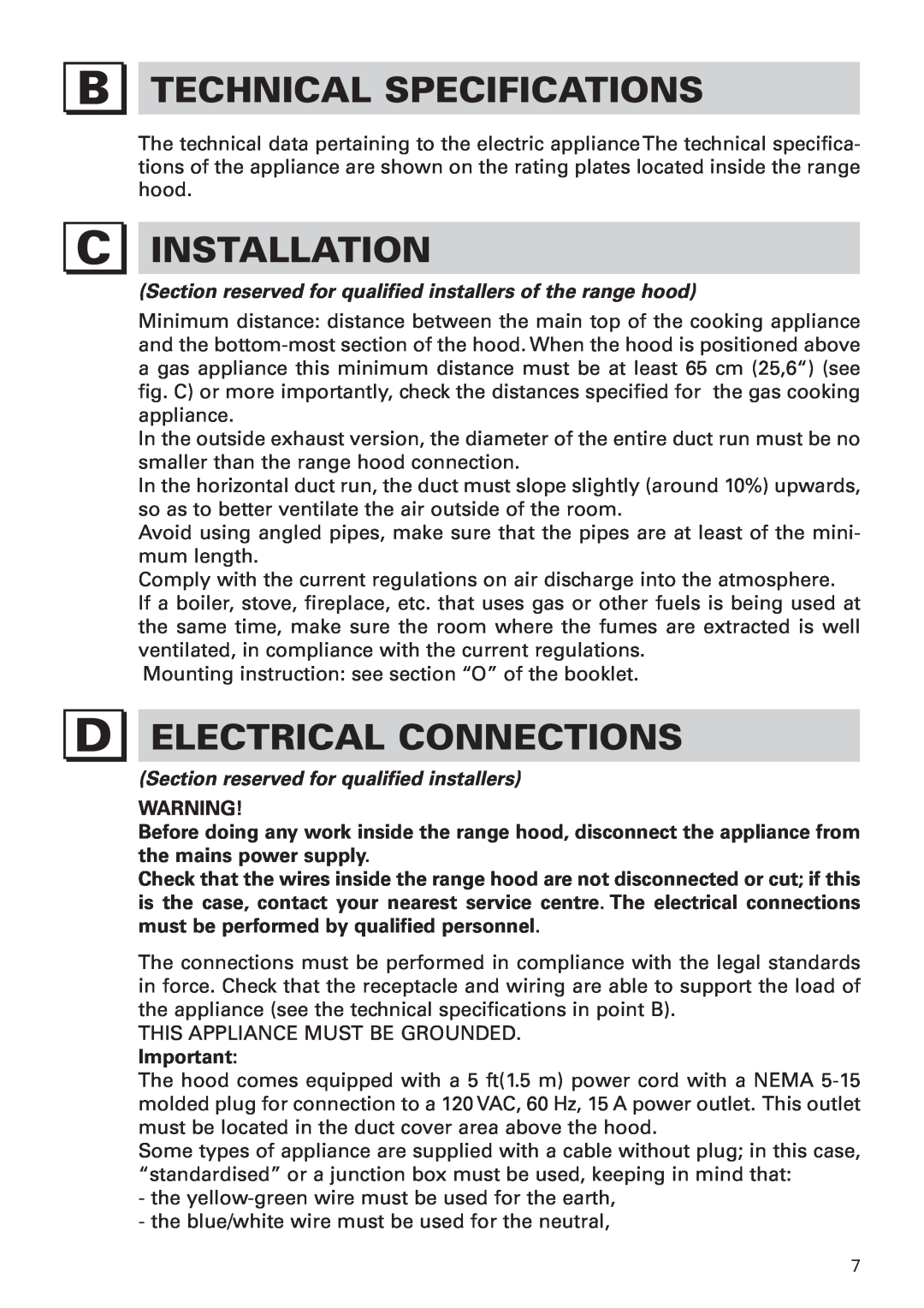 Bertazzoni KIN 36 PRO X manual Technical Specifications, Installation, Electrical Connections 