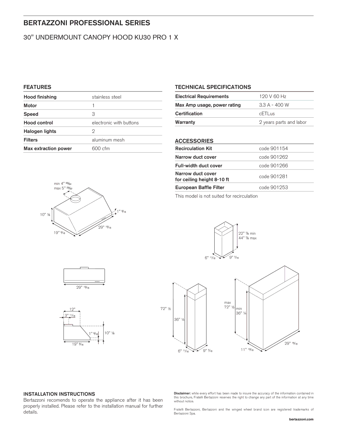 Bertazzoni manual Bertazzoni Professional Series, Undermount Canopy hood KU30 PRO 1, Features, Technical Specifications 