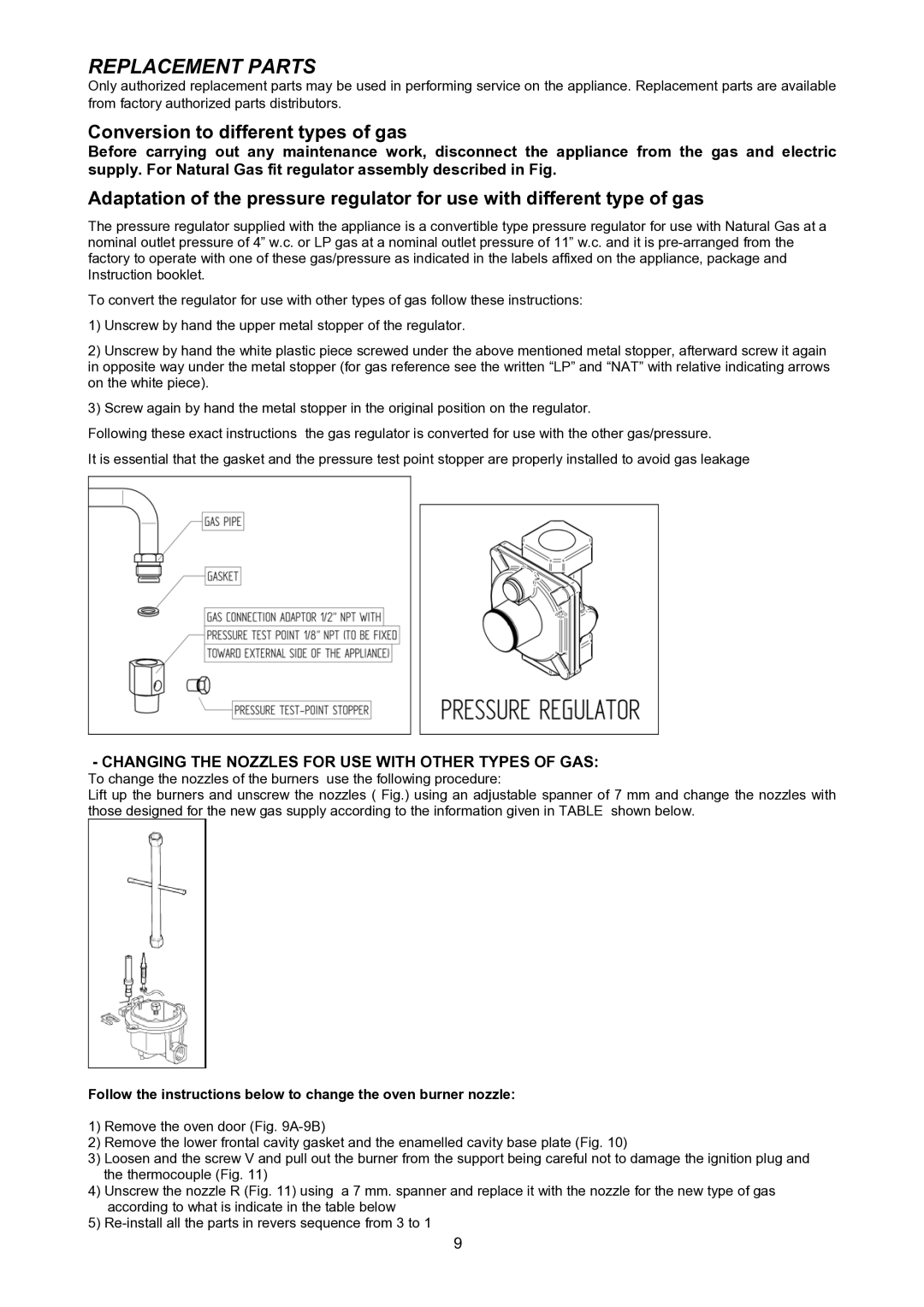 Bertazzoni X304GGVX, M7S0GTU4X(2 OR 5)A dimensions Replacement Parts, Conversion to different types of gas 