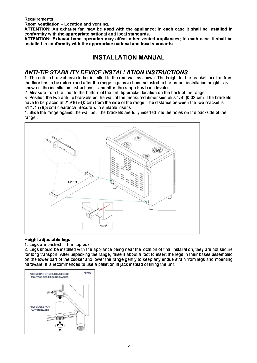 Bertazzoni X304GGVX Installation Manual, Requirements, Room ventilation - Location and venting, Height adjustable legs 