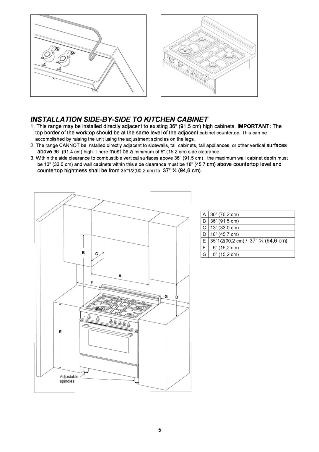 Bertazzoni X304GGVX, M7S0GTU4X(2 OR 5)A dimensions Installation Side-By-Sideto Kitchen Cabinet 
