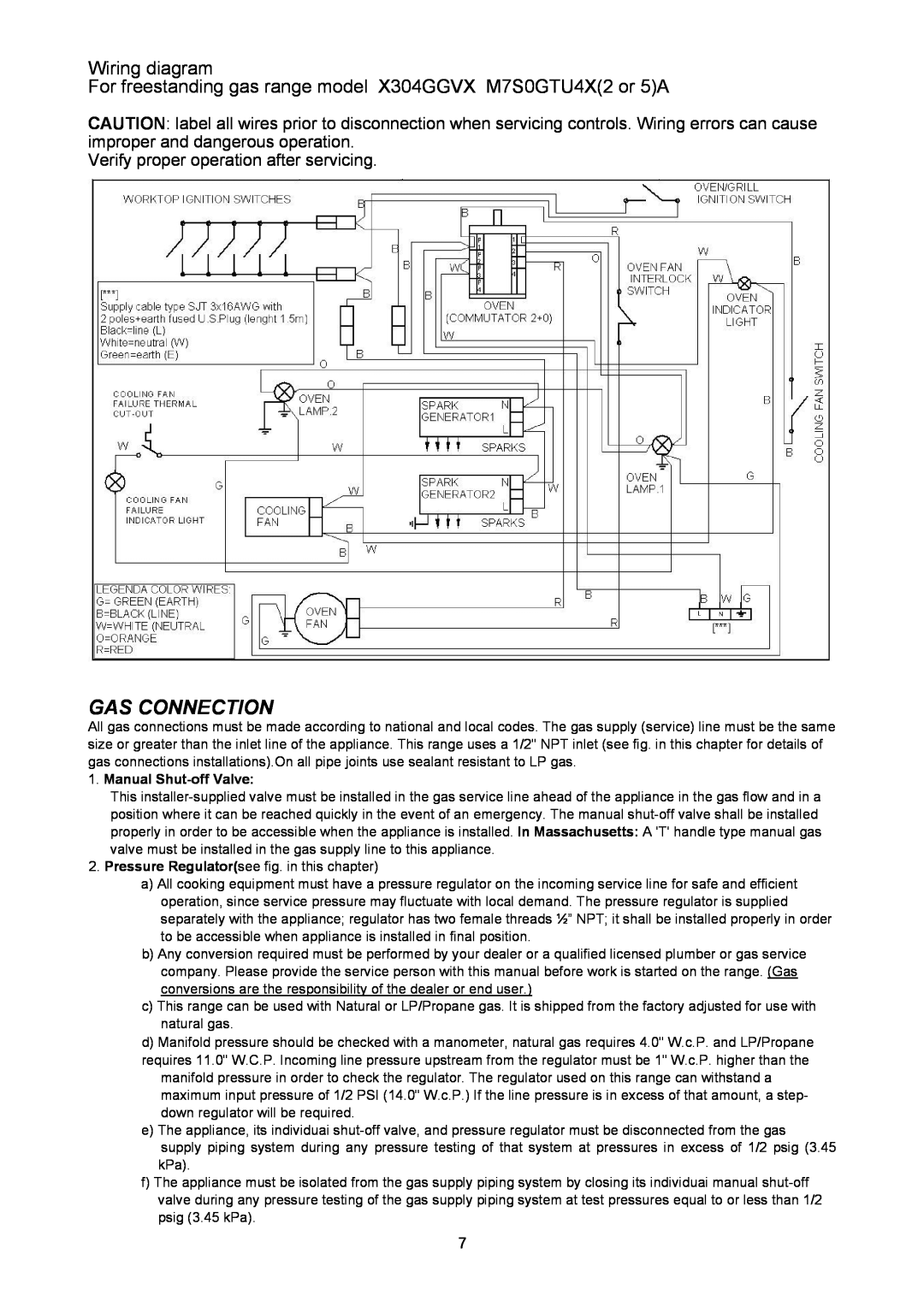 Bertazzoni X304GGVX, M7S0GTU4X(2 OR 5)A dimensions Gas Connection, Wiring diagram, Verify proper operation after servicing 