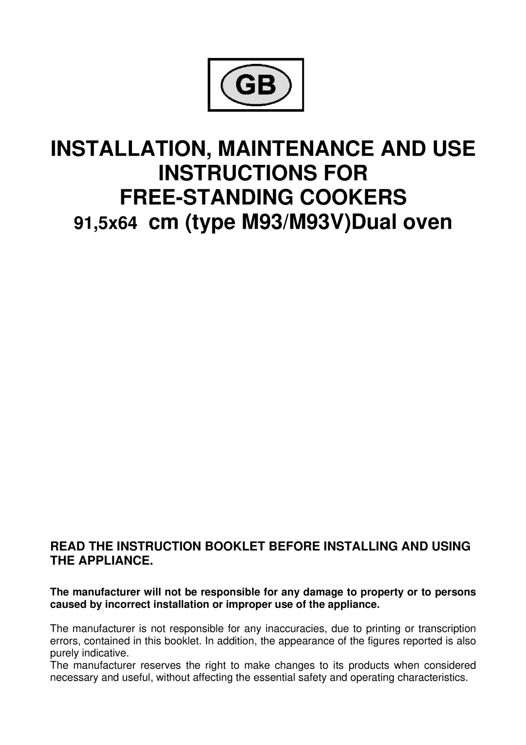 Bertazzoni manual 91,5x64 cm type M93/M93VDual oven 