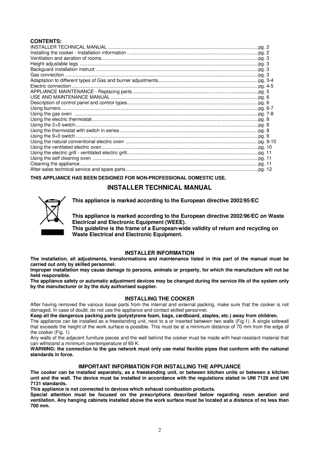 Bertazzoni M93V Contents, Installer Information, Installing the Cooker, Important Information for Installing the Appliance 