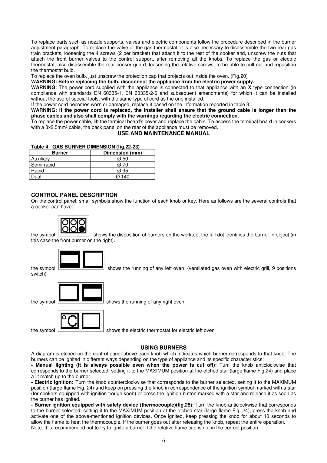 Bertazzoni M93V manual USE and Maintenance Manual, Control Panel Description, Using Burners 