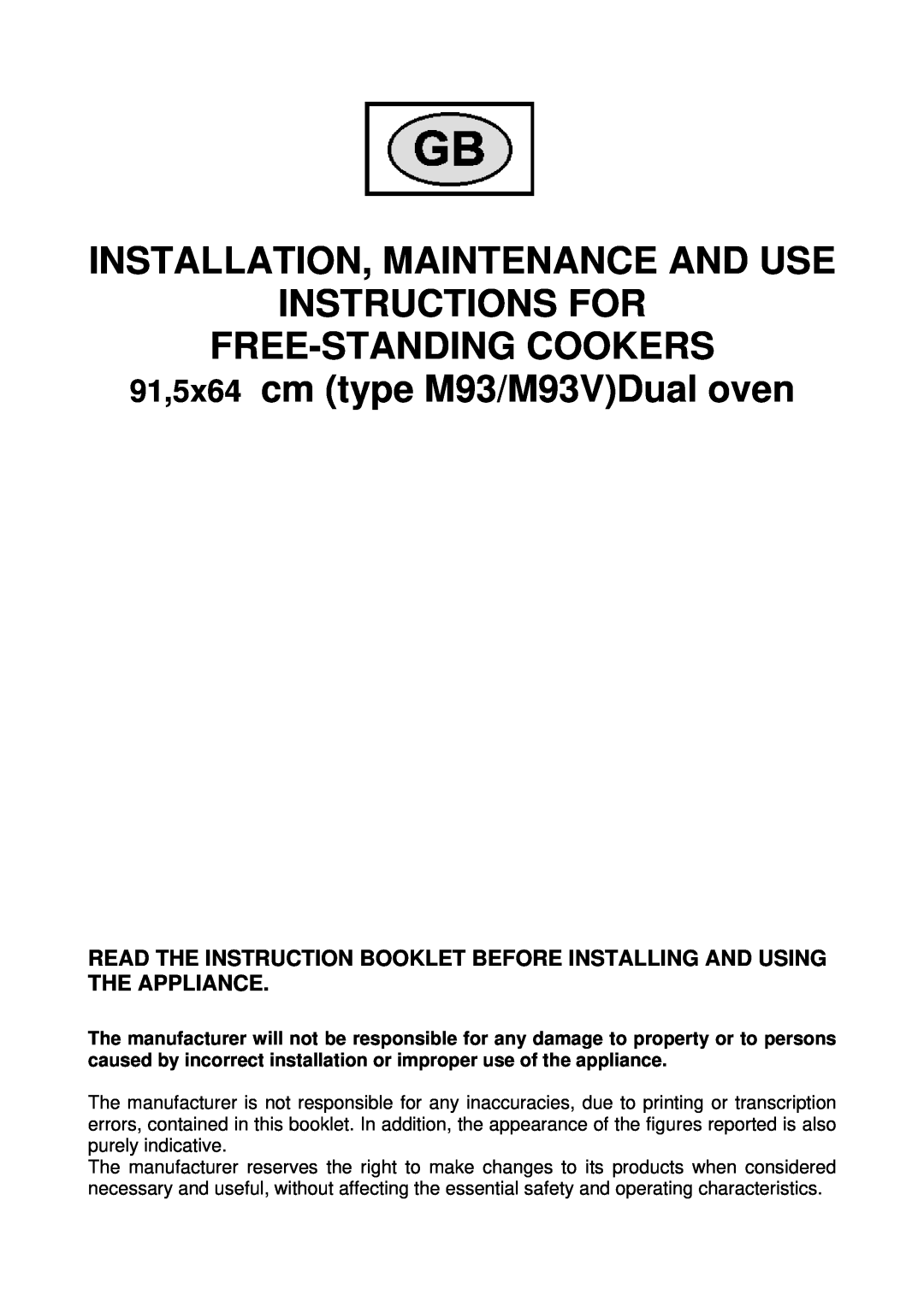 Bertazzoni M93V manual Installation, Maintenance And Use Instructions For 