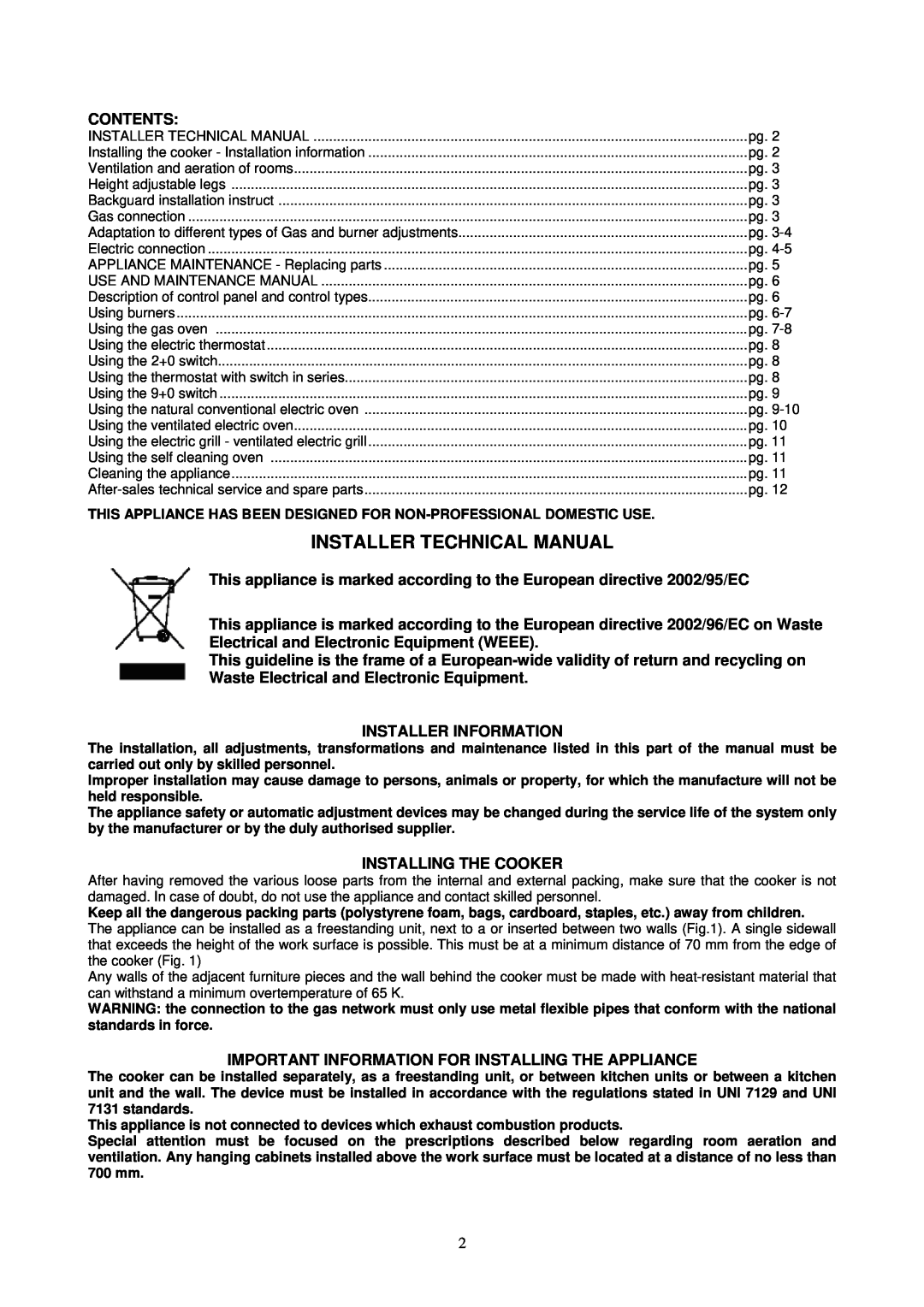 Bertazzoni M93V manual Installer Technical Manual, Contents, Installer Information, Installing The Cooker 
