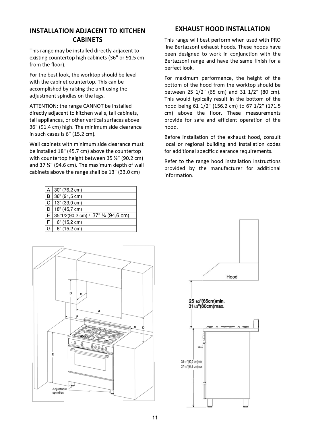 Bertazzoni MAS30 4 GAS XE, MAS30 4 GAS XT manual Installation Adjacent to Kitchen Cabinets, Exhaust Hood Installation 