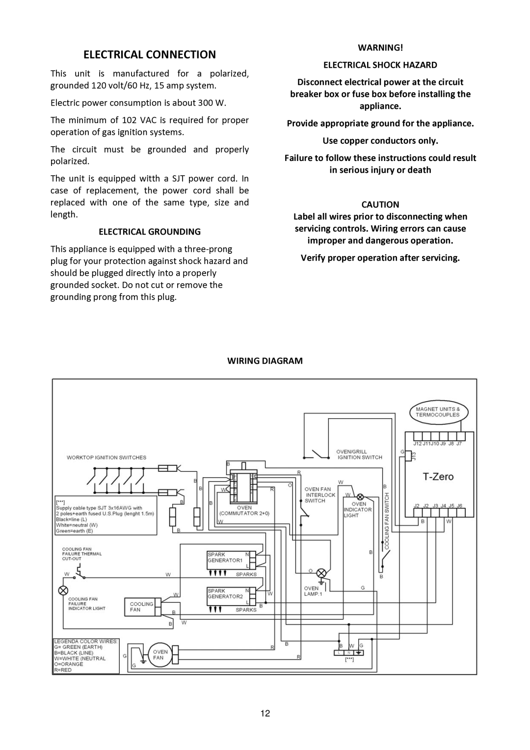 Bertazzoni MAS30 4 GAS XT manual Electrical Connection, Electrical Grounding, Electrical Shock Hazard, Wiring Diagram 