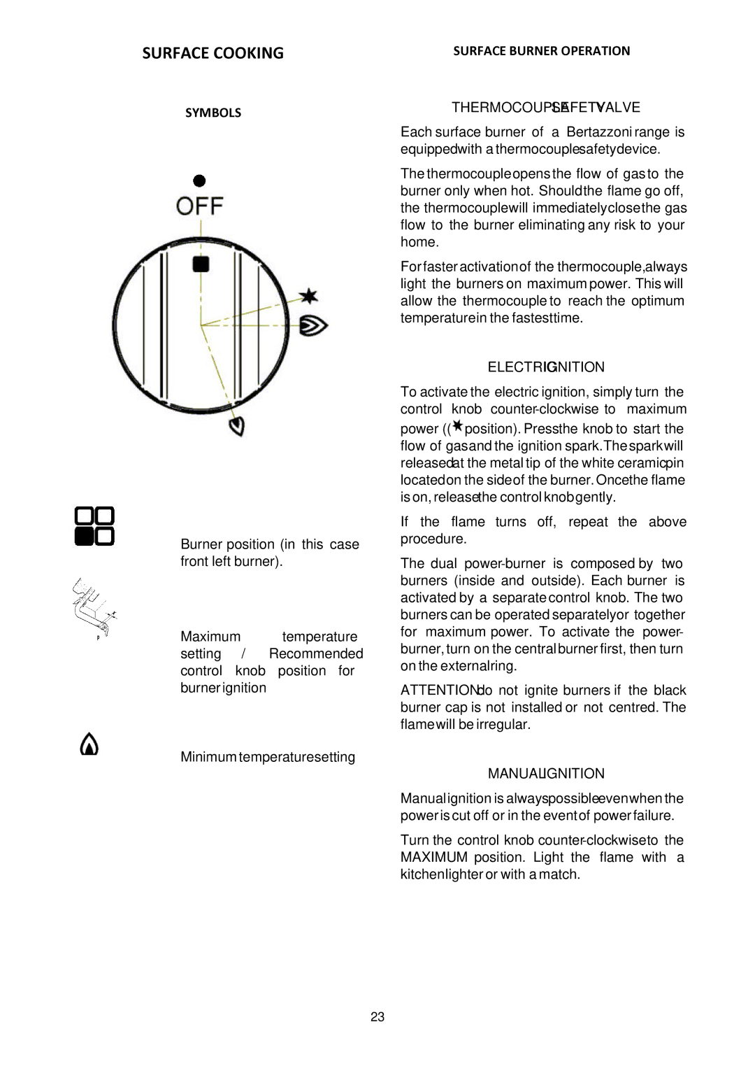 Bertazzoni MAS30 4 GAS XE, MAS30 4 GAS XT manual Surface Cooking, Symbols, Surface Burner Operation 