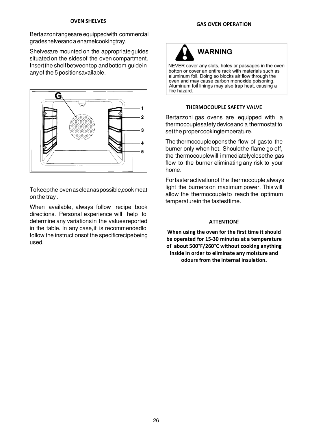 Bertazzoni MAS30 4 GAS XT, MAS30 4 GAS XE manual Oven Shelves, GAS Oven Operation Thermocouple Safety Valve 