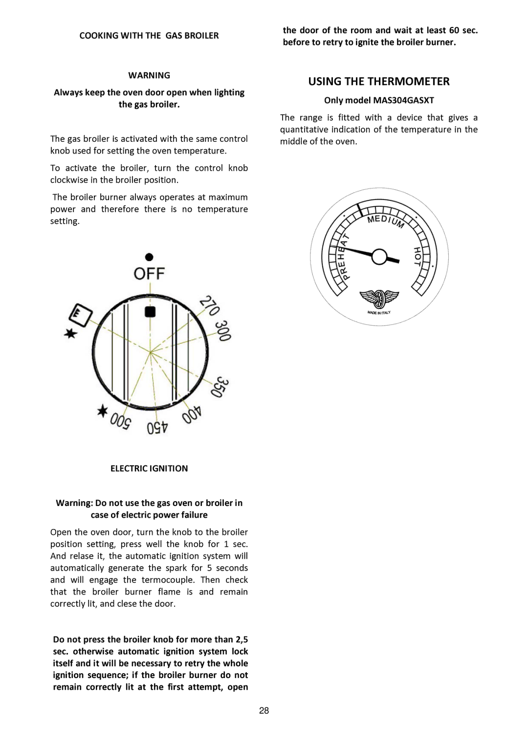 Bertazzoni MAS30 4 GAS XT, MAS30 4 GAS XE manual Using the Thermometer, Cooking with the GAS Broiler 