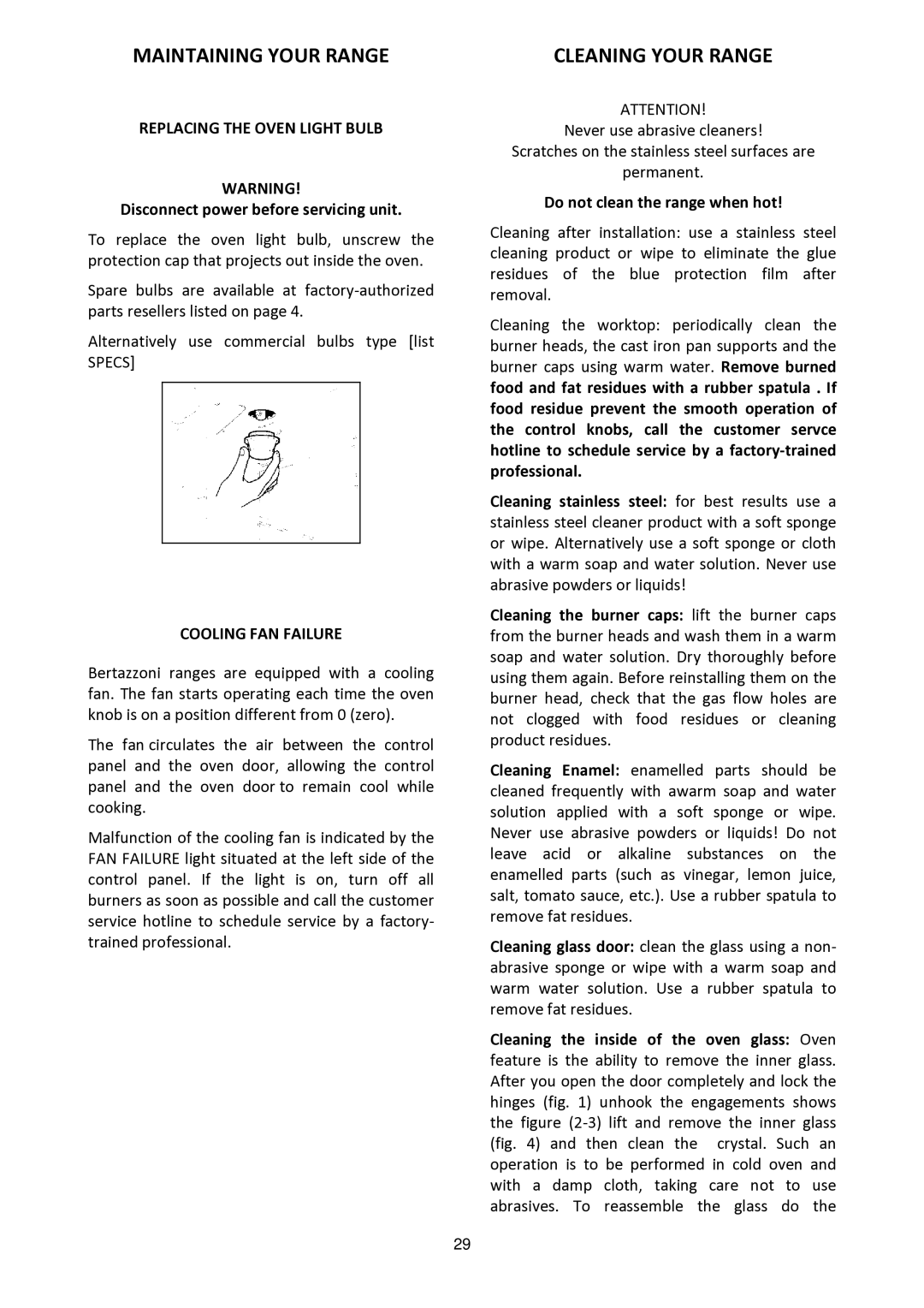 Bertazzoni MAS30 4 GAS XE Maintaining Your Range, Cleaning Your Range, Replacing the Oven Light Bulb, Cooling FAN Failure 