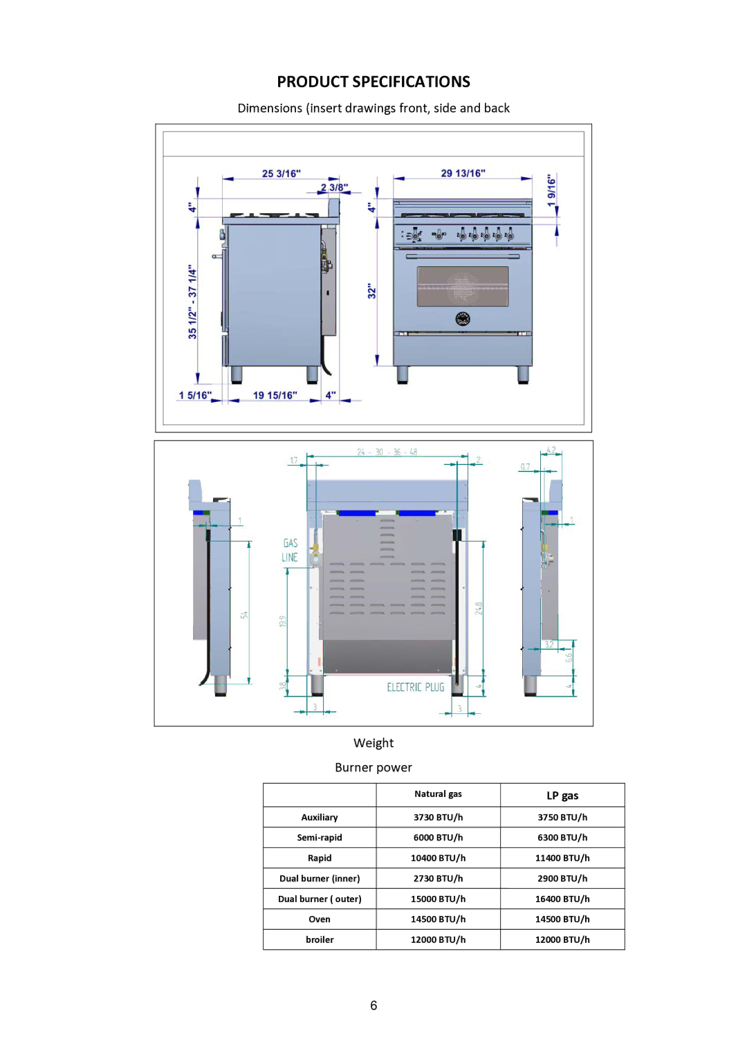 Bertazzoni MAS30 4 GAS XT, MAS30 4 GAS XE manual Product Specifications, LP gas 