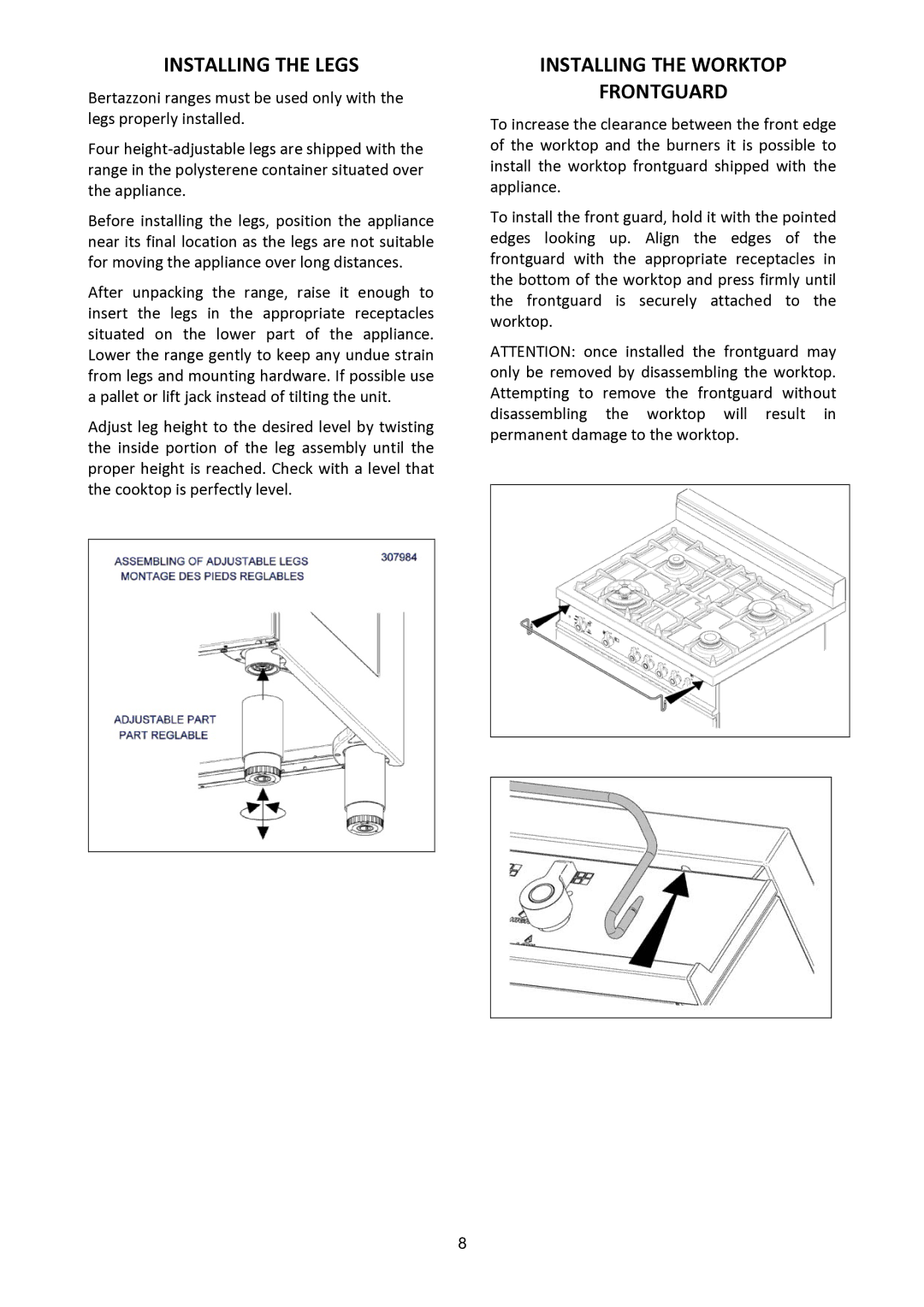 Bertazzoni MAS30 4 GAS XT, MAS30 4 GAS XE manual Installing the Legs, Installing the Worktop Frontguard 