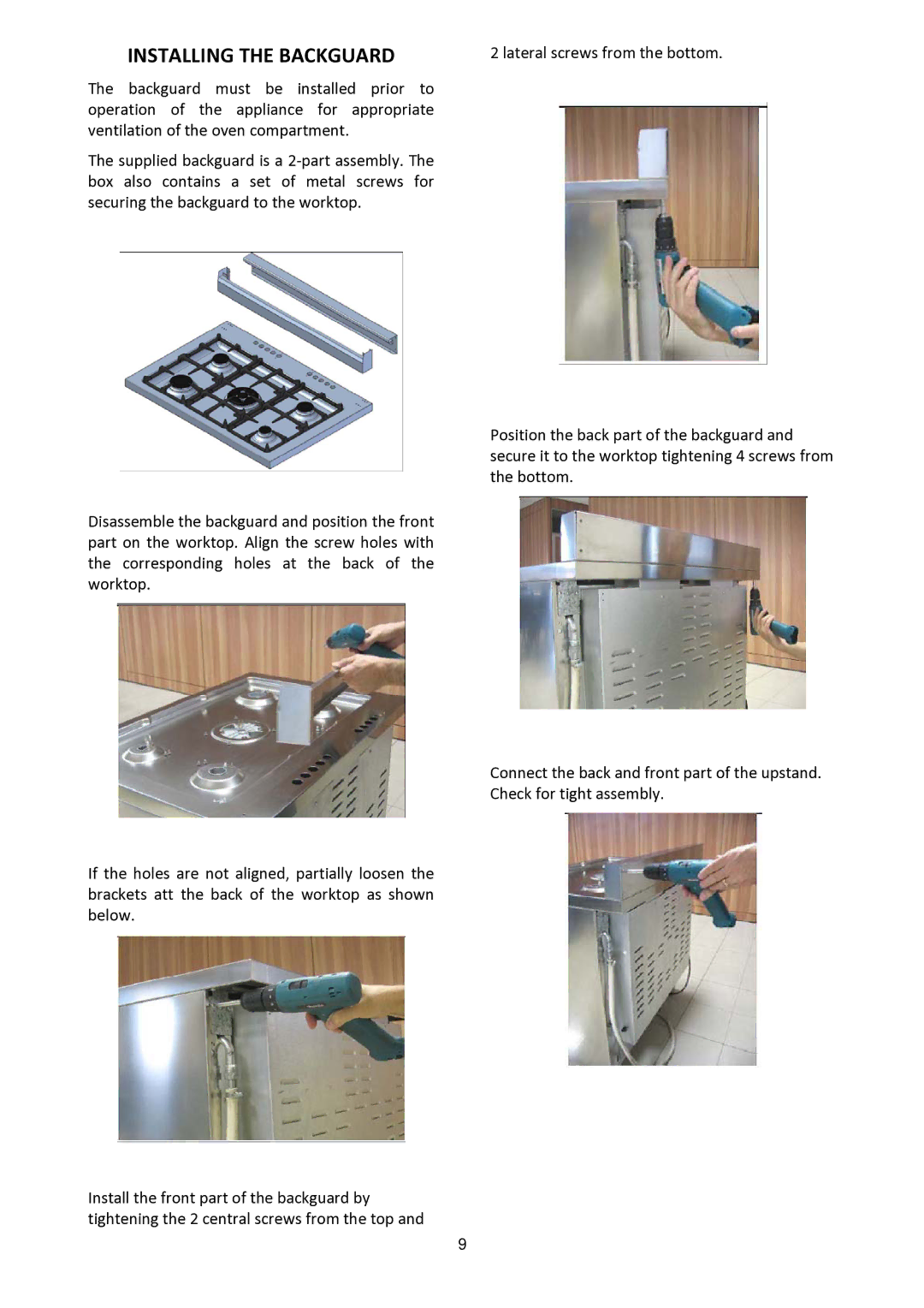 Bertazzoni MAS30 4 GAS XE, MAS30 4 GAS XT manual Installing the Backguard 