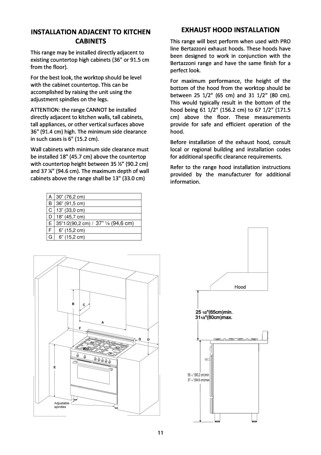 Bertazzoni MAS30 4 GAS XE, MAS30 4 GAS XT manual Installation Adjacent To Kitchen Cabinets, Exhaust Hood Installation 