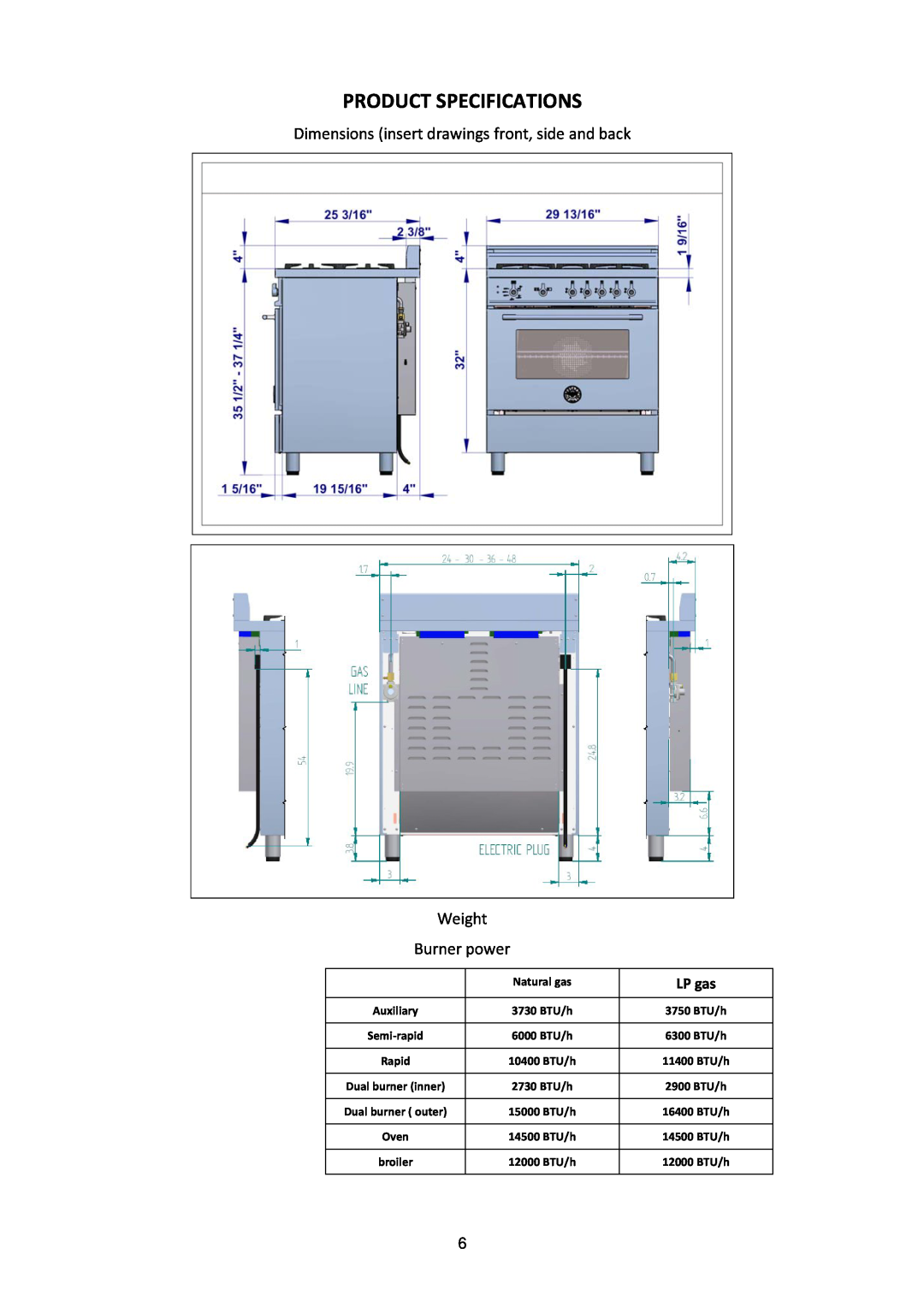 Bertazzoni MAS30 4 GAS XT Product Specifications, Dimensions insert drawings front, side and back Weight Burner power 