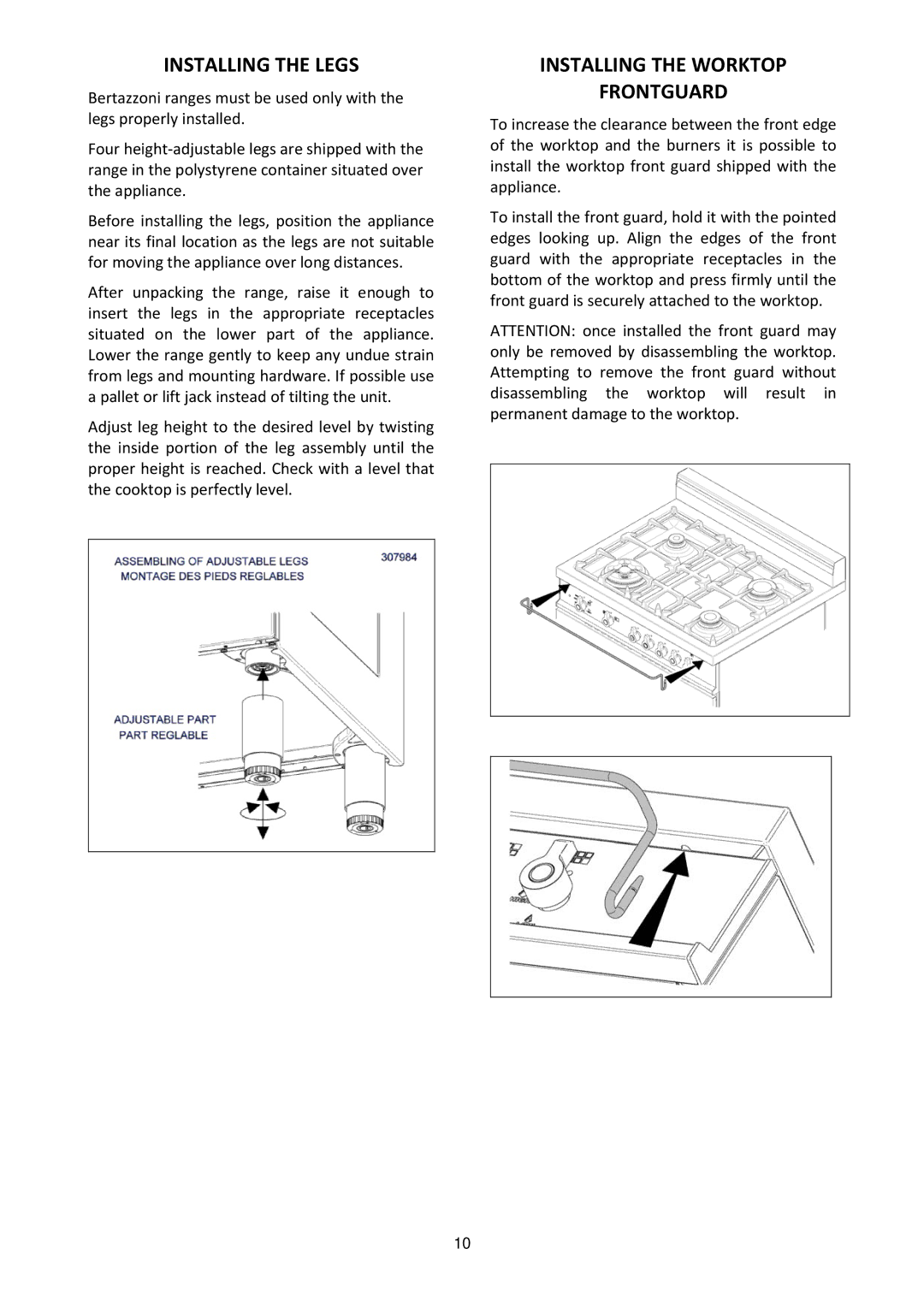 Bertazzoni MAS304DFMXE, M7S06ZA7X5DUG manual Installing the Legs, Installing the Worktop Frontguard 