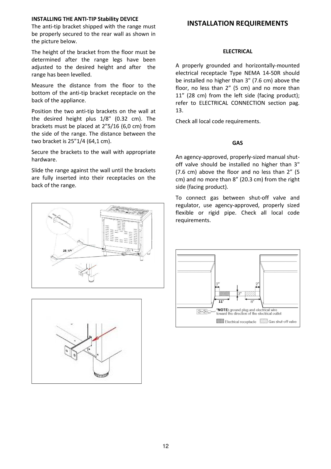 Bertazzoni MAS304DFMXE, M7S06ZA7X5DUG manual Installation Requirements, Electrical, Gas 