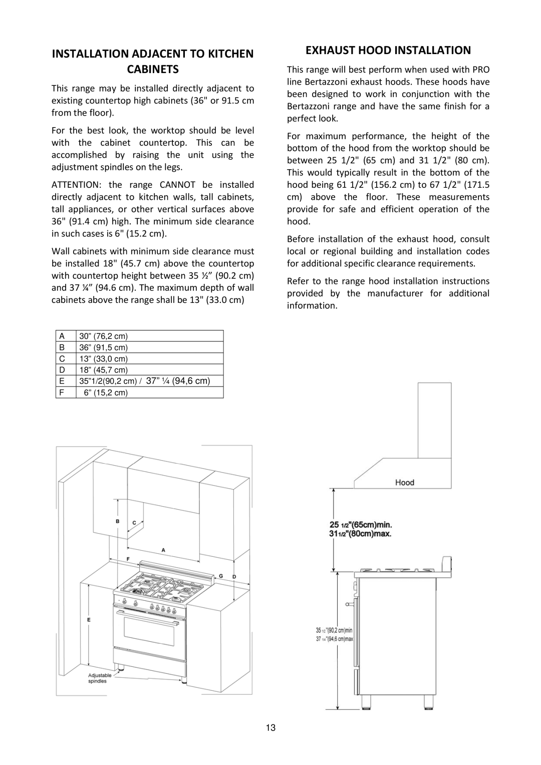 Bertazzoni M7S06ZA7X5DUG, MAS304DFMXE manual Installation Adjacent to Kitchen Cabinets, Exhaust Hood Installation 