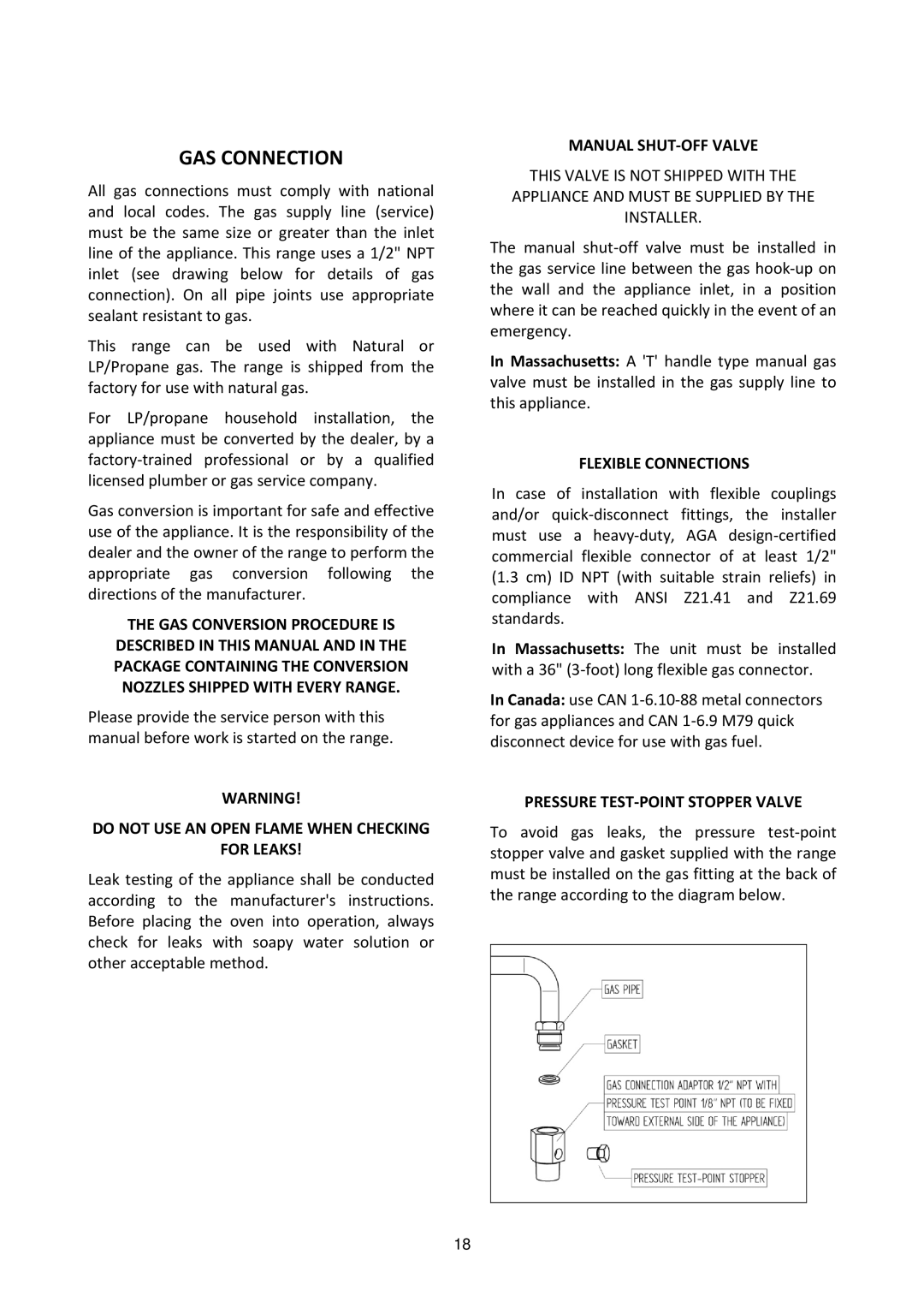 Bertazzoni MAS304DFMXE manual GAS Connection, Do not USE AN Open Flame When Checking For Leaks, Manual SHUT‐OFF Valve 