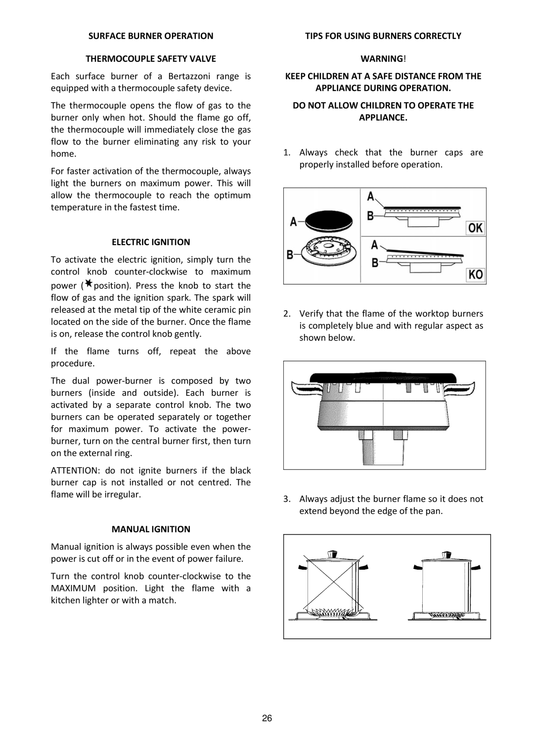 Bertazzoni MAS304DFMXE manual Surface Burner Operation Thermocouple Safety Valve, Electric Ignition, Manual Ignition 