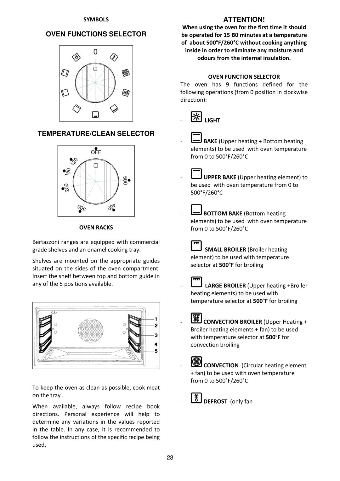 Bertazzoni MAS304DFMXE, M7S06ZA7X5DUG manual Oven Racks, Oven Function Selector, Light 