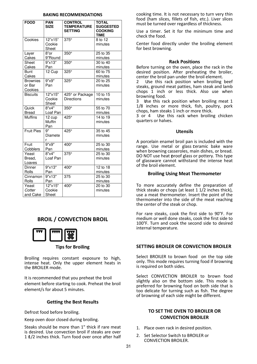 Bertazzoni M7S06ZA7X5DUG, MAS304DFMXE manual Broil / Convection Broil, Baking Recommendations 