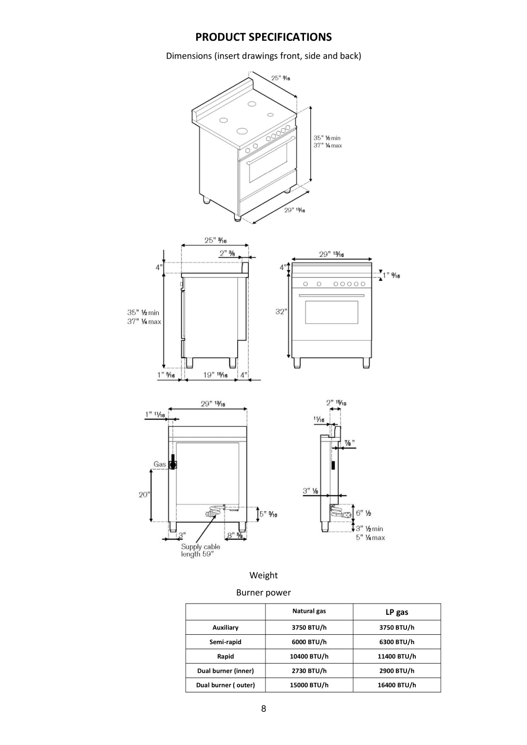 Bertazzoni MAS304DFMXE, M7S06ZA7X5DUG manual Product Specifications, LP gas 