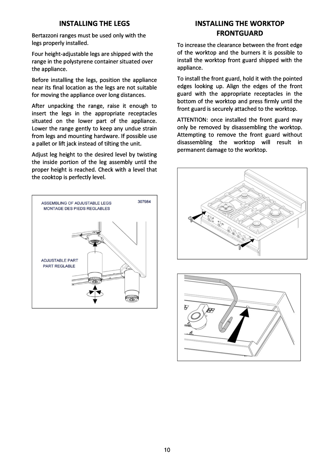 Bertazzoni MAS304DFMXE, M7S06ZA7X5DUG manual Installing The Legs, Installing The Worktop Frontguard 