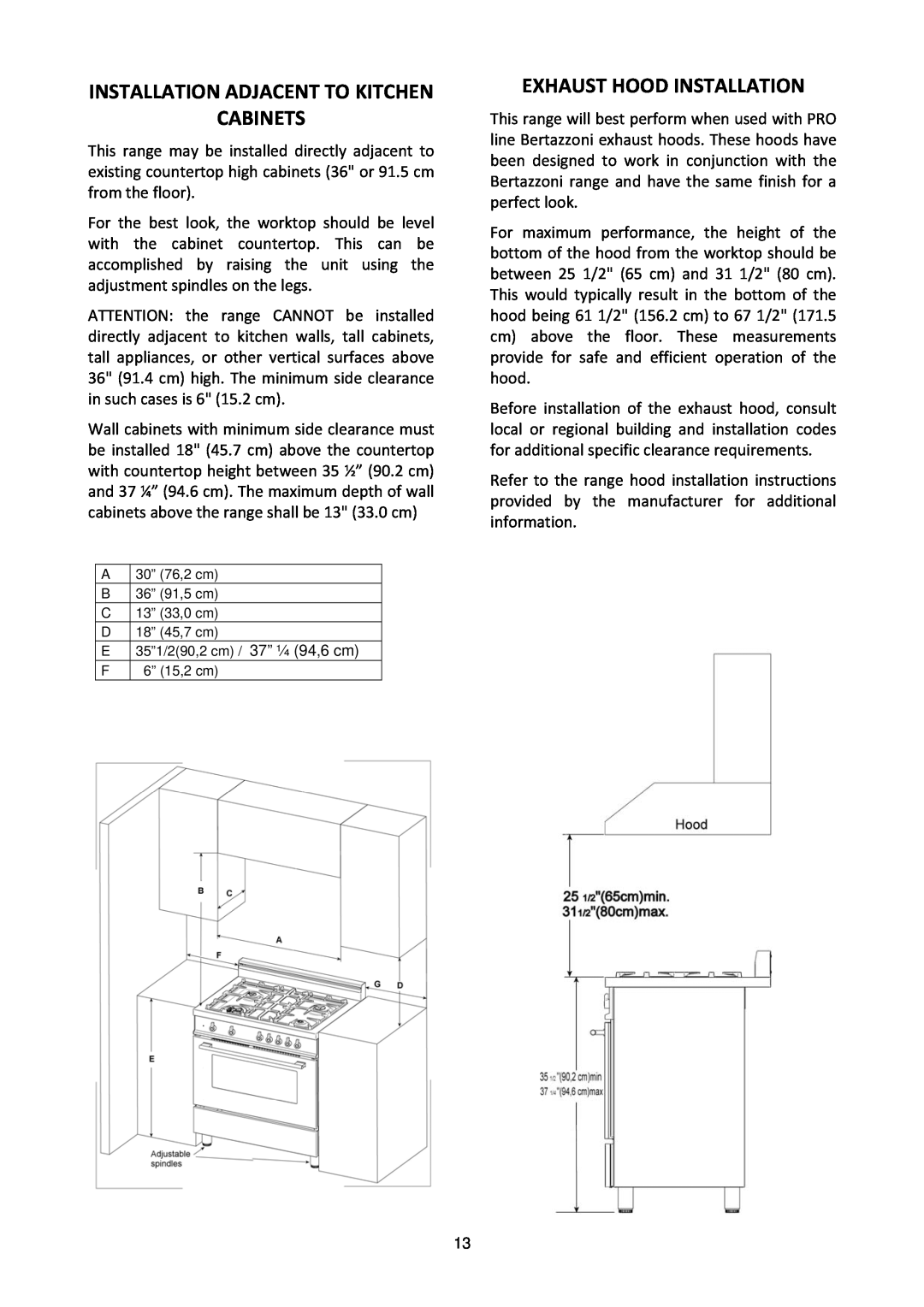 Bertazzoni M7S06ZA7X5DUG, MAS304DFMXE manual Installation Adjacent To Kitchen Cabinets, Exhaust Hood Installation 