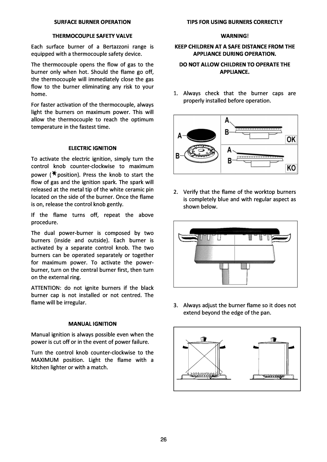 Bertazzoni MAS304DFMXE manual Surface Burner Operation Thermocouple Safety Valve, Electric Ignition, Manual Ignition 