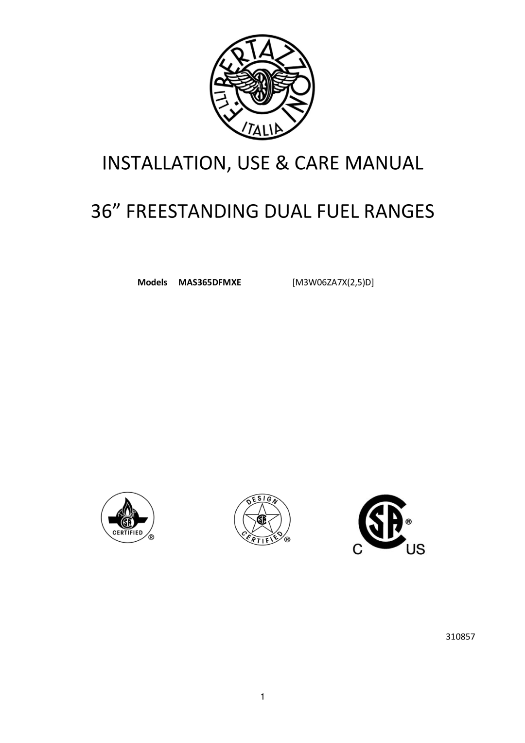 Bertazzoni manual Models MAS365DFMXE 