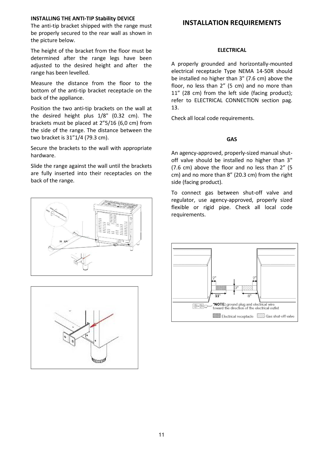 Bertazzoni MAS365DFMXE manual Installation Requirements, Electrical, Gas 