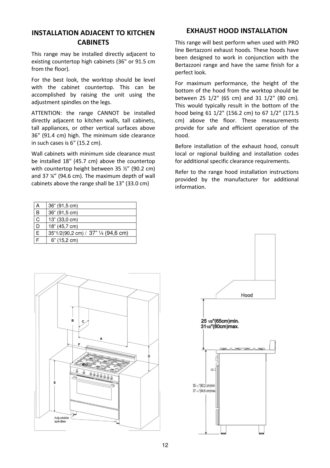 Bertazzoni MAS365DFMXE manual Installation Adjacent to Kitchen Cabinets, Exhaust Hood Installation 