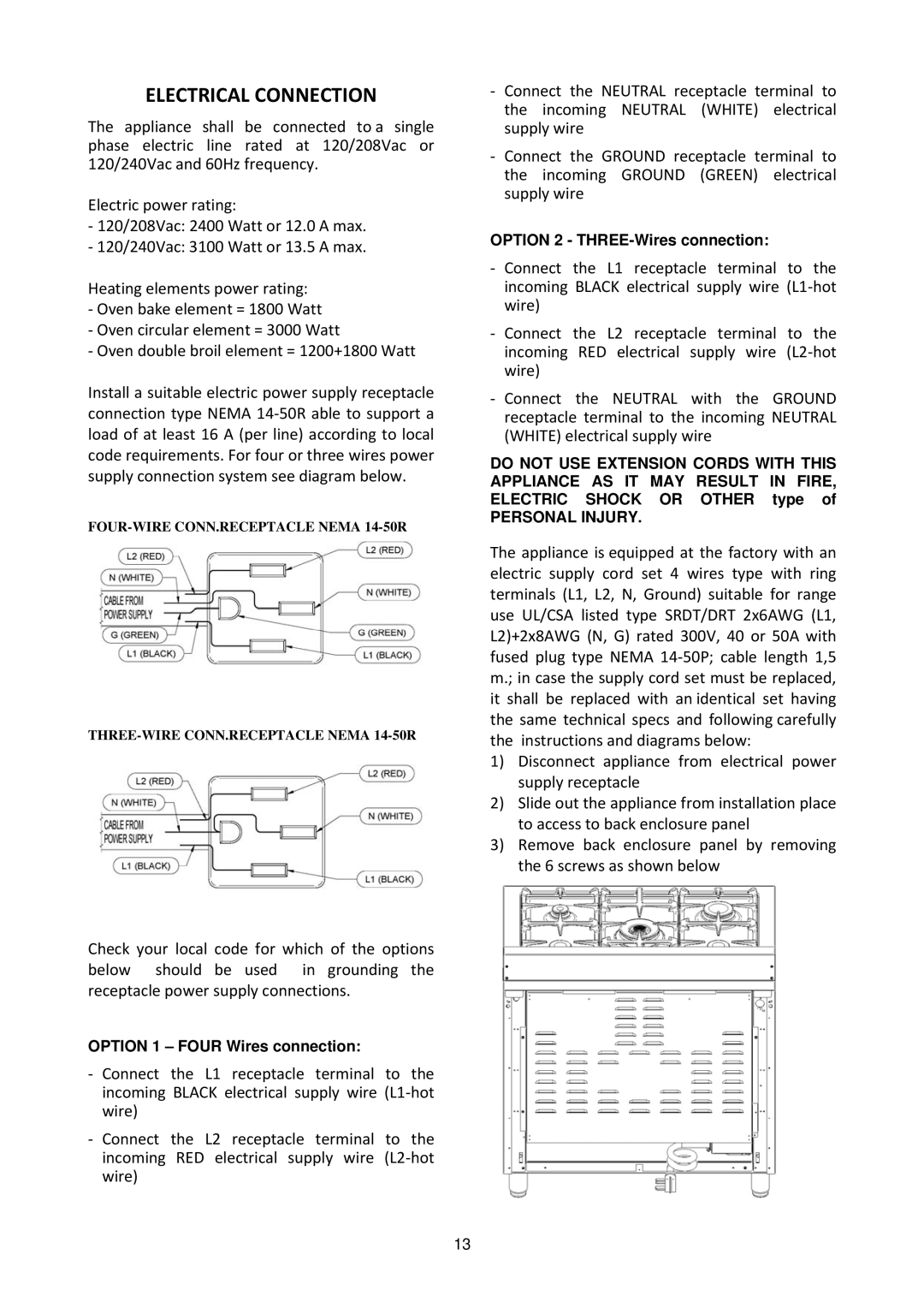 Bertazzoni MAS365DFMXE manual Electrical Connection 