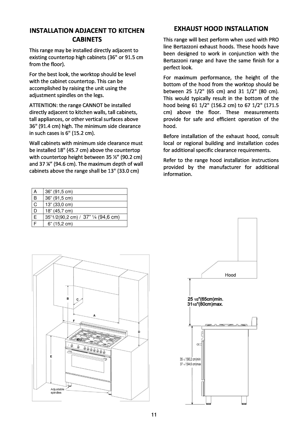 Bertazzoni MAS365GASXT, MAS365GASXE manual Installation Adjacent to Kitchen Cabinets, Exhaust Hood Installation 