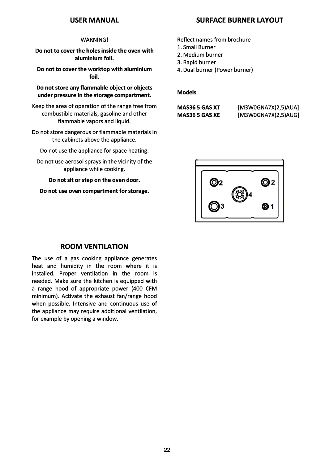 Bertazzoni MAS365GASXE, MAS365GASXT manual Surface Burner Layout, Room Ventilation 